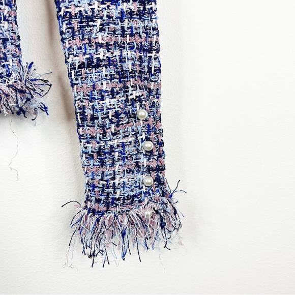 NWT ZARA Frayed Tweed Off the Shoulder Frayed Top S Blue - Picture 5 of 9